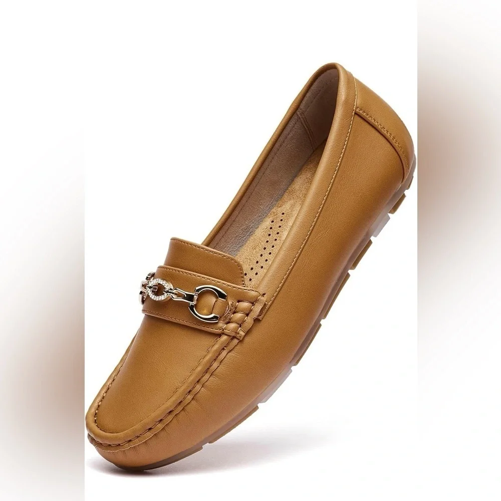 NEW Horse Bit Tan Loafers Gold Accents Women’s Slip On Flats Preppy 9.5 9 1/2